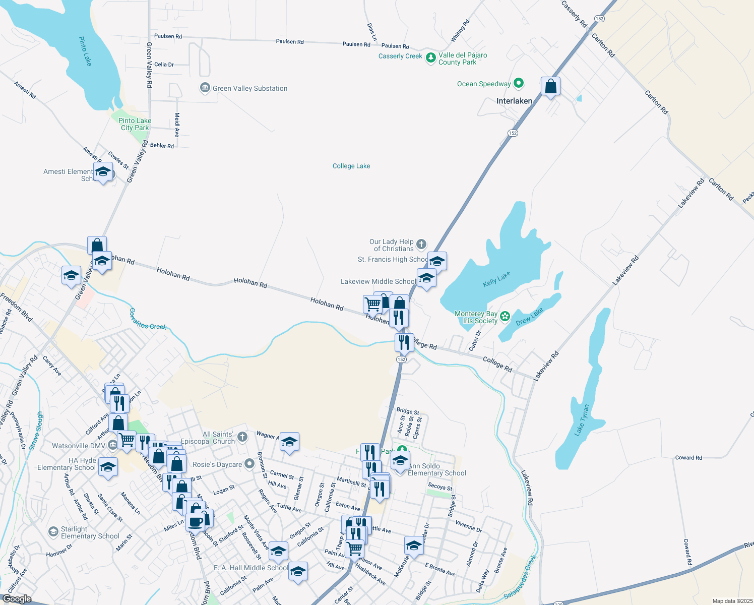 map of restaurants, bars, coffee shops, grocery stores, and more near 88 Laken Drive in Watsonville