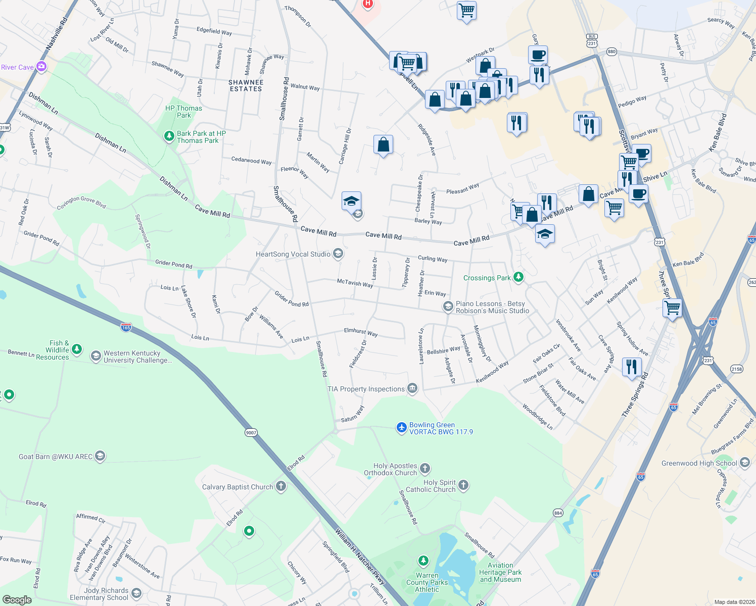 map of restaurants, bars, coffee shops, grocery stores, and more near 1932 Grider Pond Road in Bowling Green