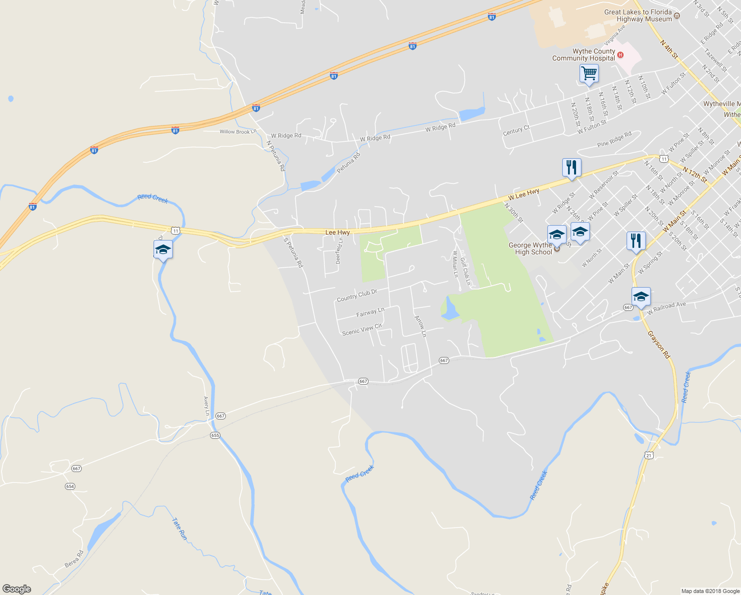 map of restaurants, bars, coffee shops, grocery stores, and more near 615 Country Club Drive in Wytheville