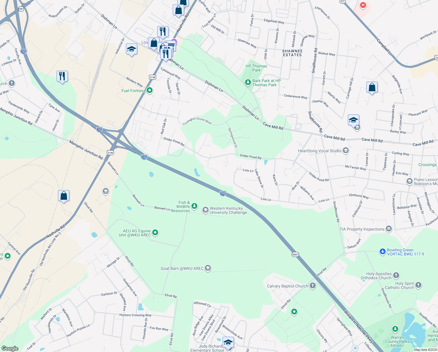 map of restaurants, bars, coffee shops, grocery stores, and more near 3499 Amber Court in Bowling Green