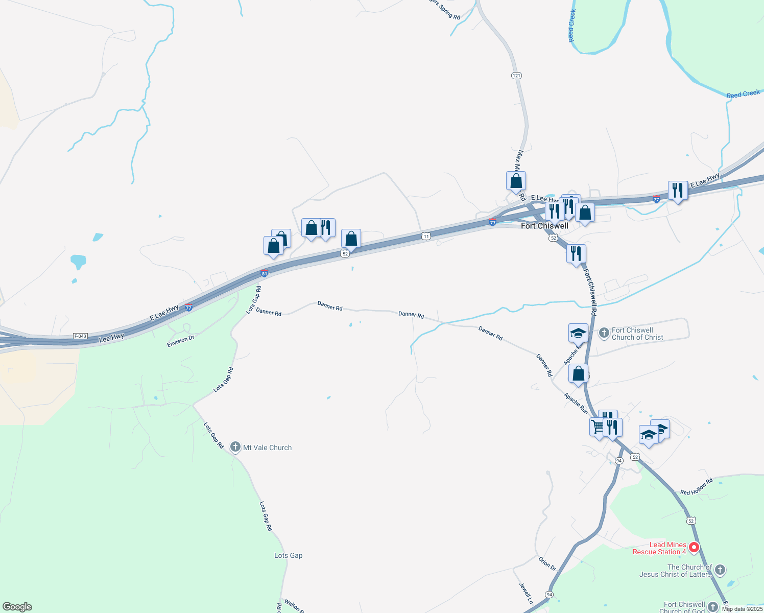 map of restaurants, bars, coffee shops, grocery stores, and more near 418 Danner Road in Fort Chiswell