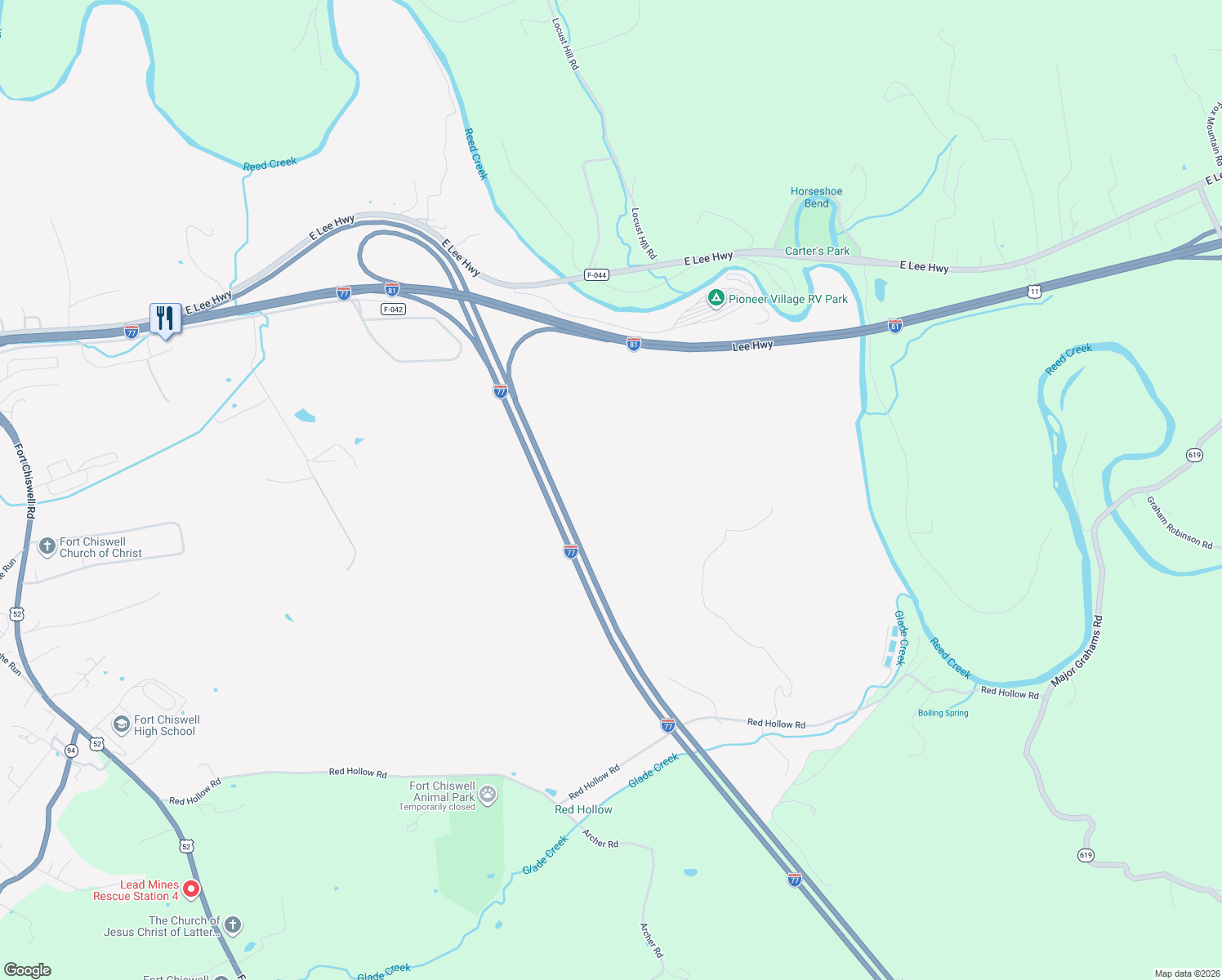 map of restaurants, bars, coffee shops, grocery stores, and more near in Fort Chiswell