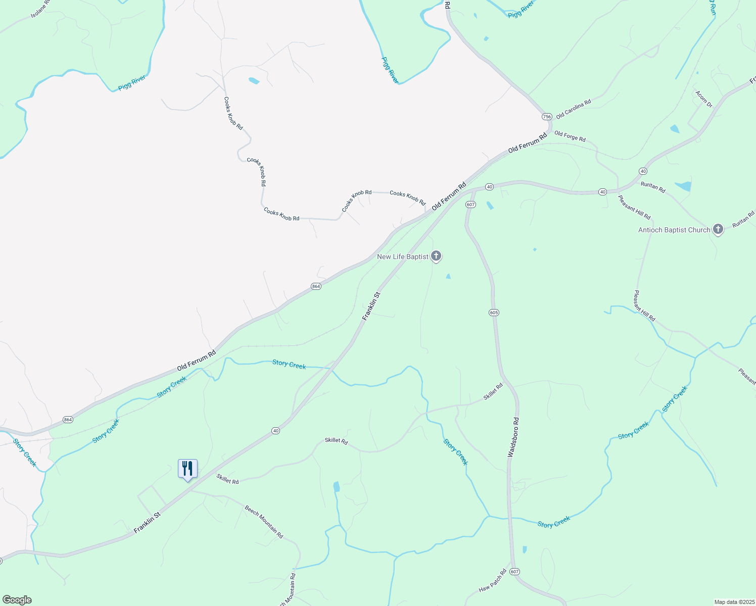 map of restaurants, bars, coffee shops, grocery stores, and more near 6893 Franklin Street in Ferrum