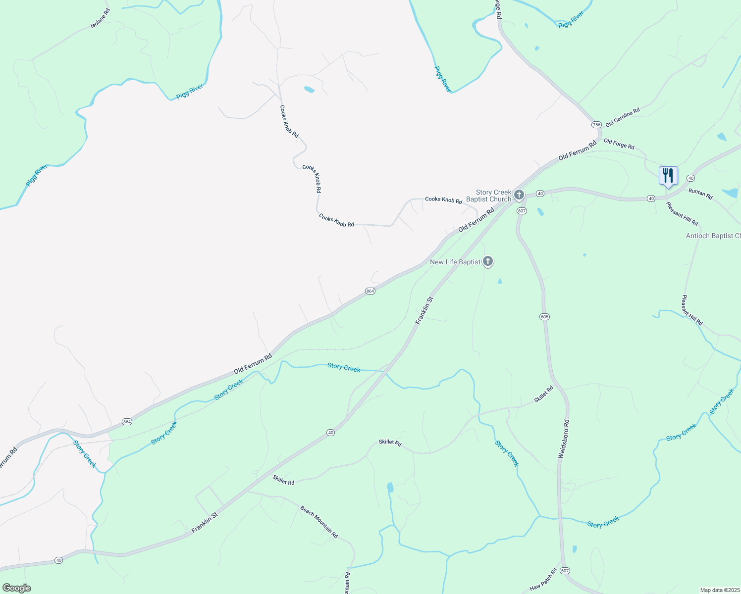 map of restaurants, bars, coffee shops, grocery stores, and more near 2720 Old Ferrum Road in Ferrum
