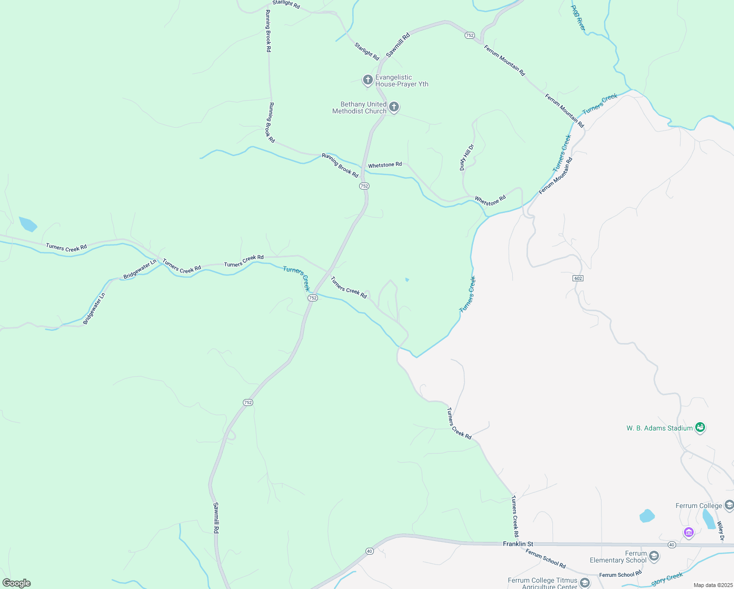 map of restaurants, bars, coffee shops, grocery stores, and more near Turners Creek Road in Ferrum