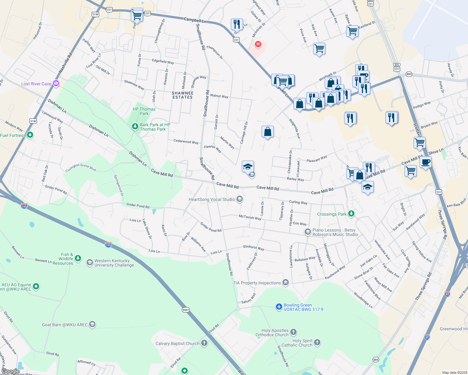 map of restaurants, bars, coffee shops, grocery stores, and more near 1417 Cave Mill Road in Bowling Green