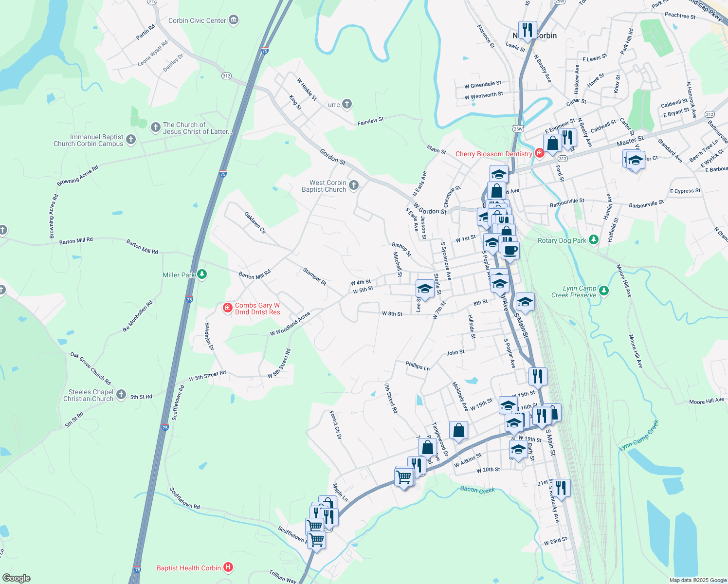 map of restaurants, bars, coffee shops, grocery stores, and more near 1015 West 5th Street in Corbin