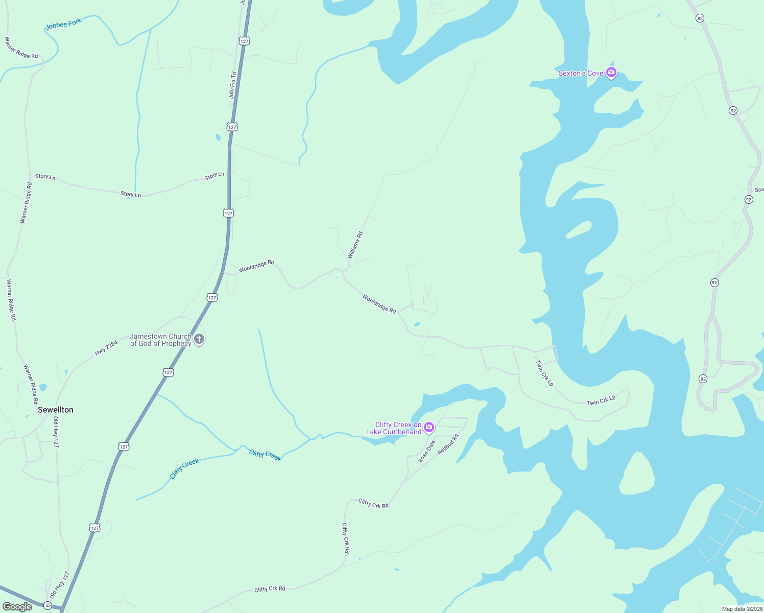 map of restaurants, bars, coffee shops, grocery stores, and more near Wooldridge Road in Jamestown