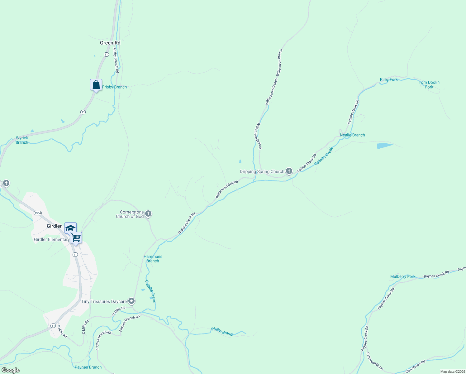 map of restaurants, bars, coffee shops, grocery stores, and more near 734 Callebs Creek Road in Hinkle