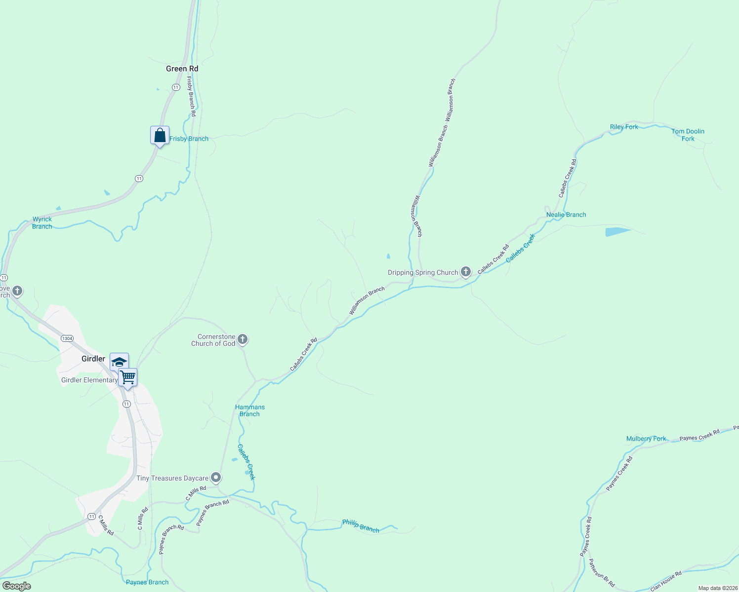 map of restaurants, bars, coffee shops, grocery stores, and more near 734 Callebs Creek Road in Hinkle
