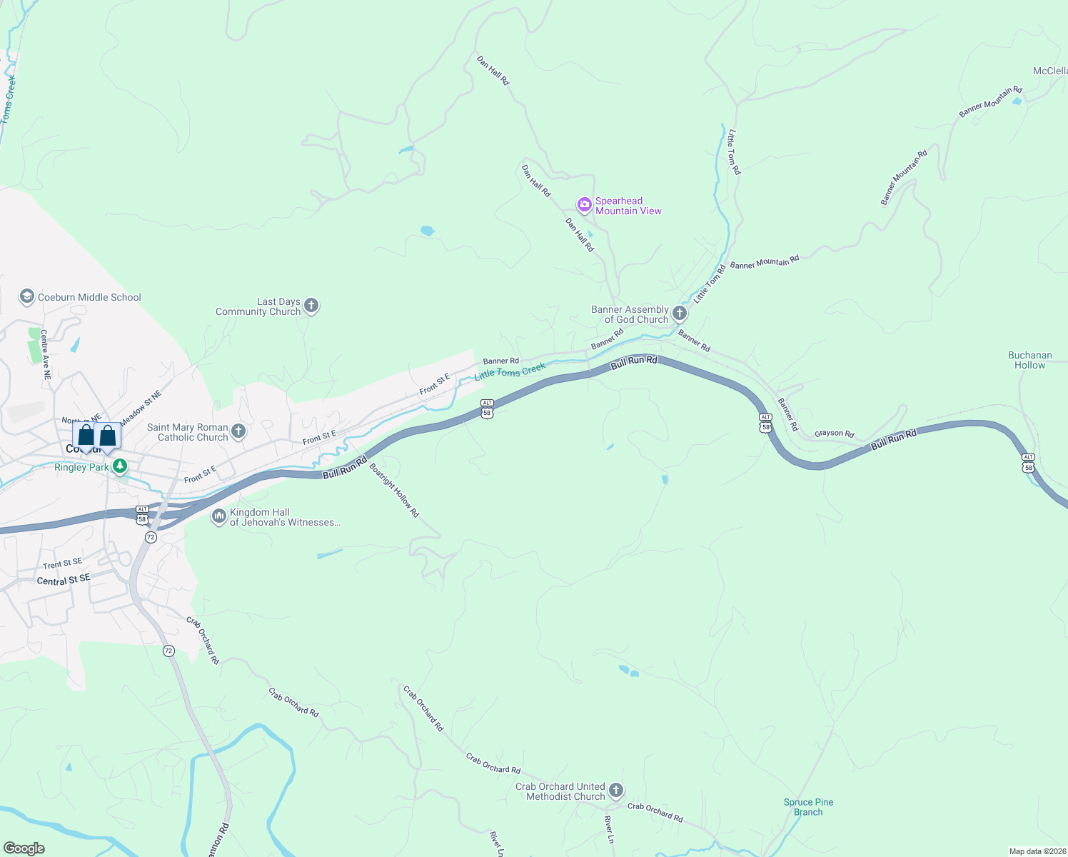 map of restaurants, bars, coffee shops, grocery stores, and more near U.S. 58 Alternate in Coeburn