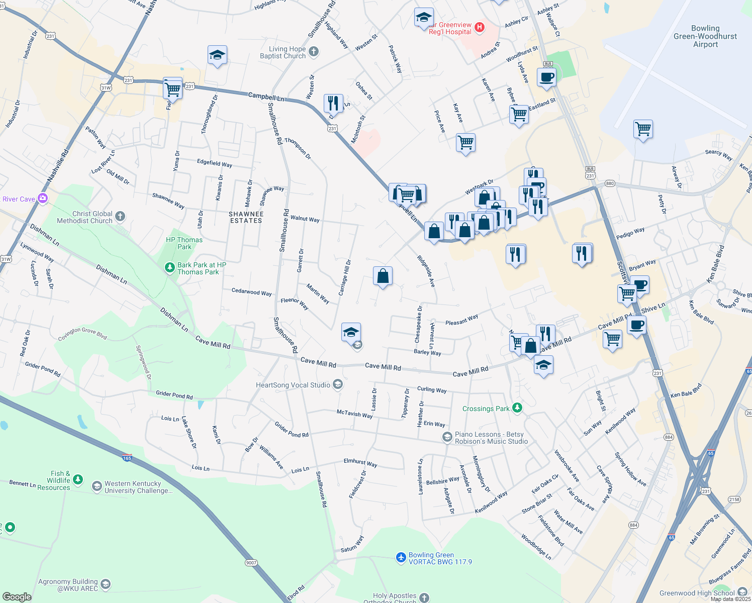 map of restaurants, bars, coffee shops, grocery stores, and more near 2998 Crossridge Ct in Bowling Green