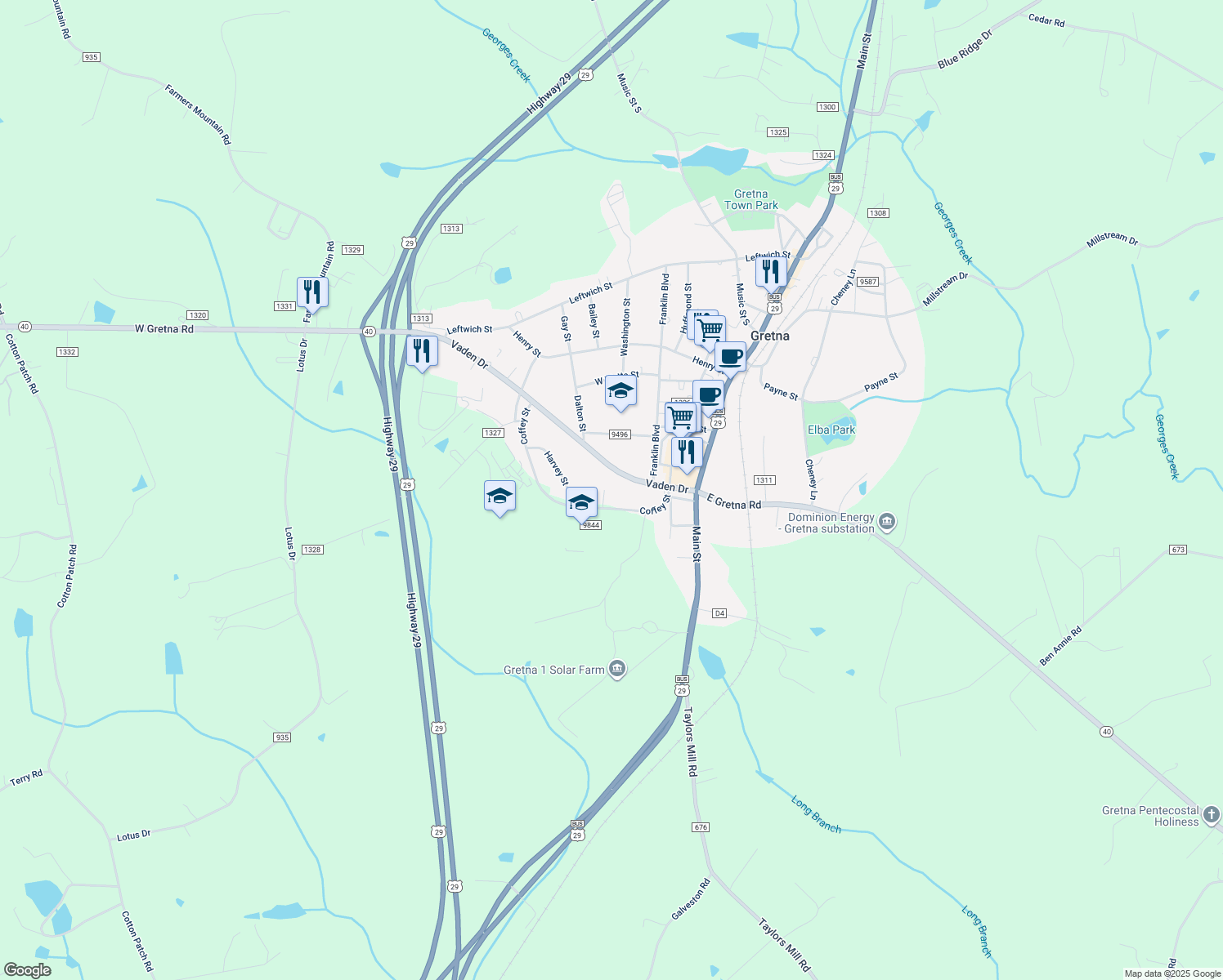 map of restaurants, bars, coffee shops, grocery stores, and more near 114 Coffey Street in Gretna