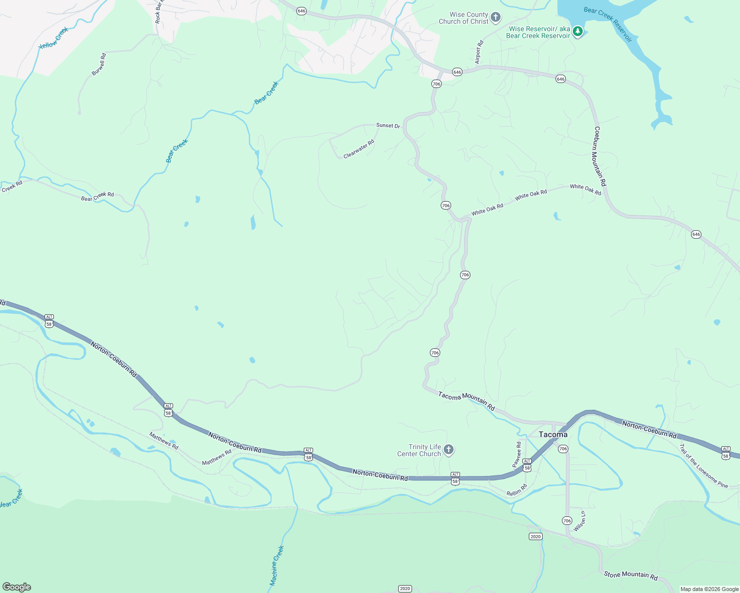 map of restaurants, bars, coffee shops, grocery stores, and more near 9694 White Oak Road in Wise