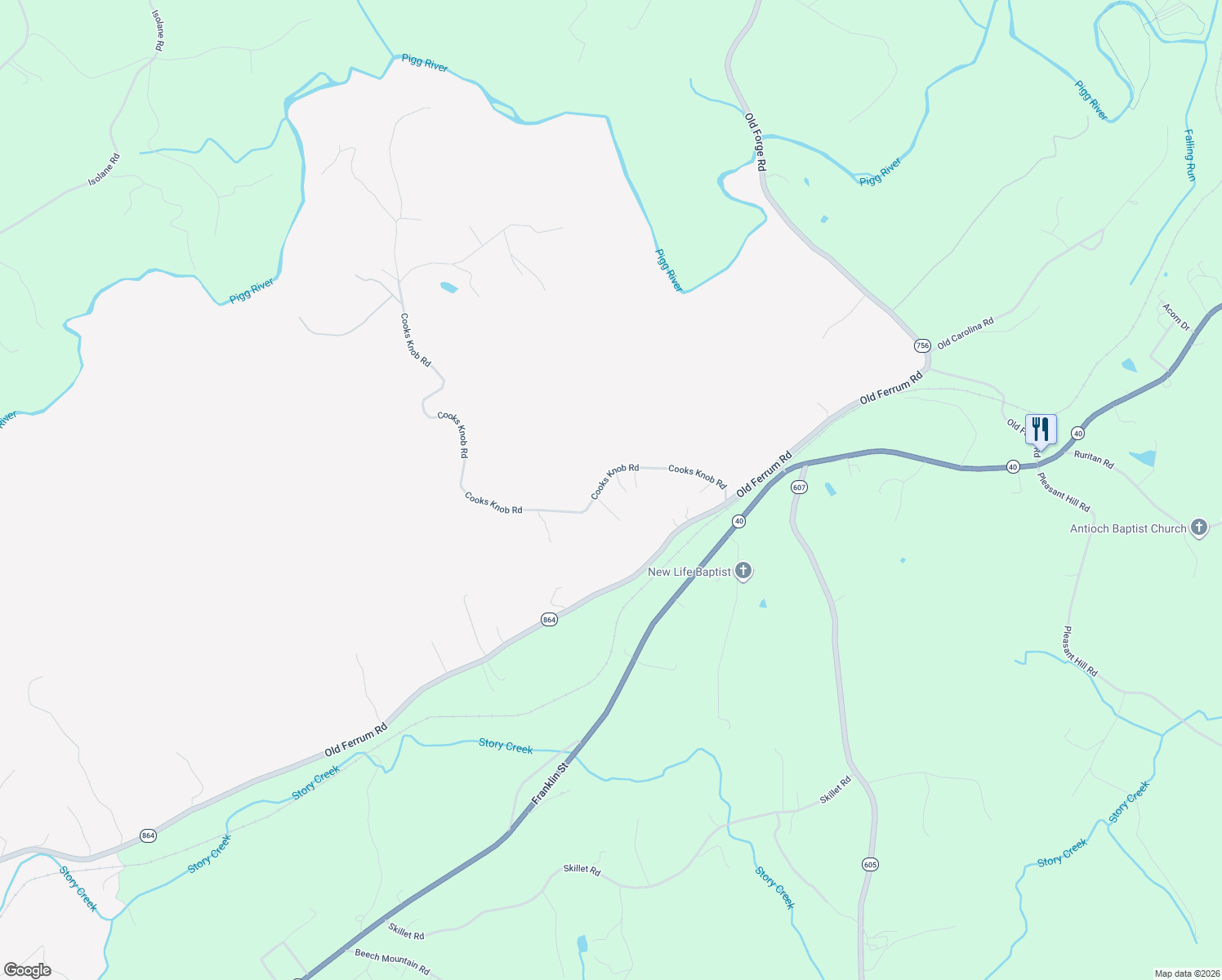 map of restaurants, bars, coffee shops, grocery stores, and more near 319 Cooks Knob Road in Ferrum