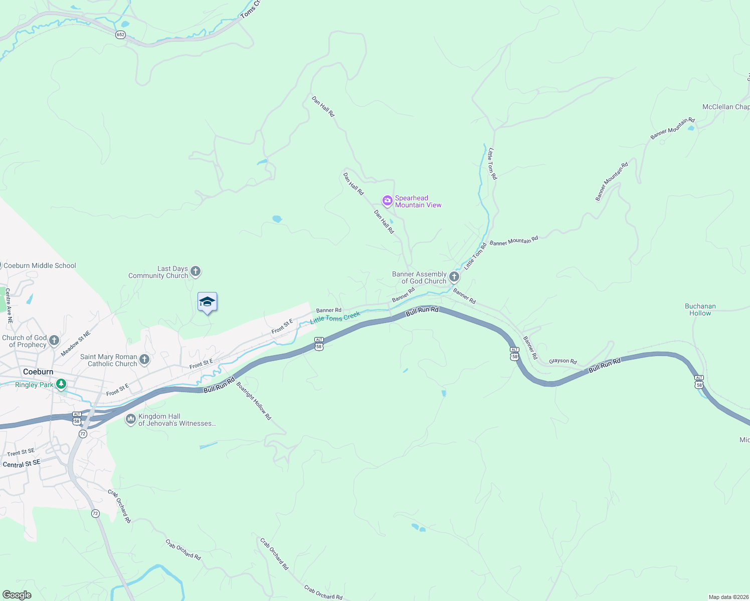 map of restaurants, bars, coffee shops, grocery stores, and more near 4898 Brickey Road in Coeburn