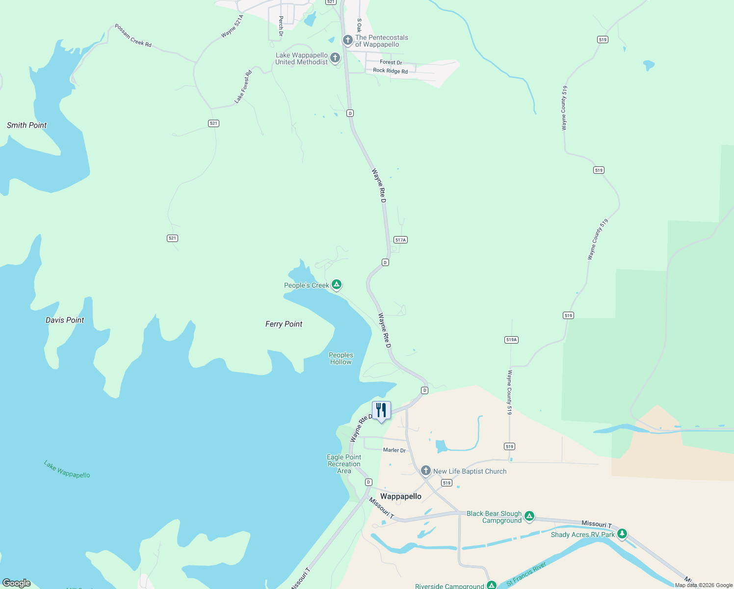 map of restaurants, bars, coffee shops, grocery stores, and more near in Wappapello