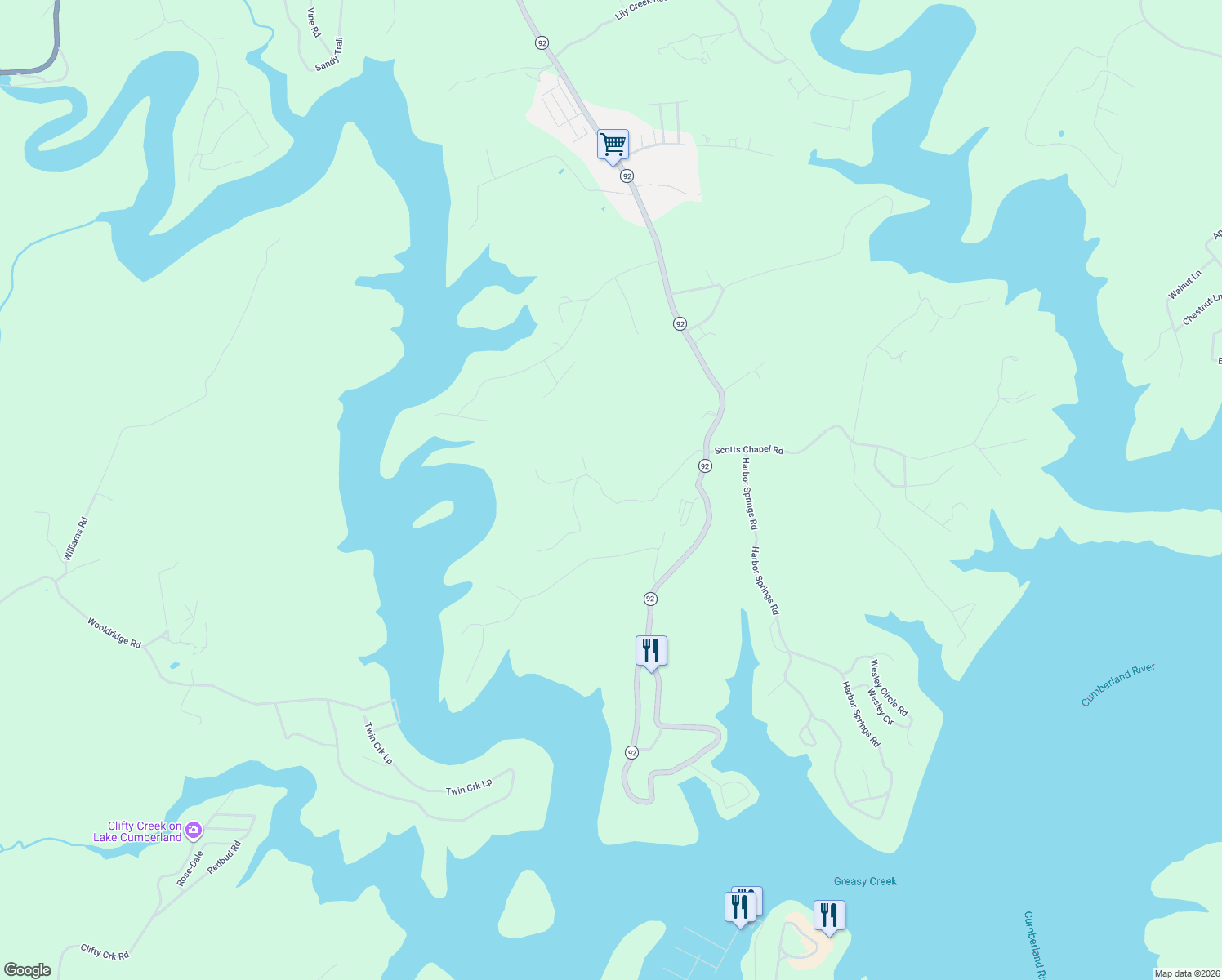 map of restaurants, bars, coffee shops, grocery stores, and more near Carriage Lane in Jamestown