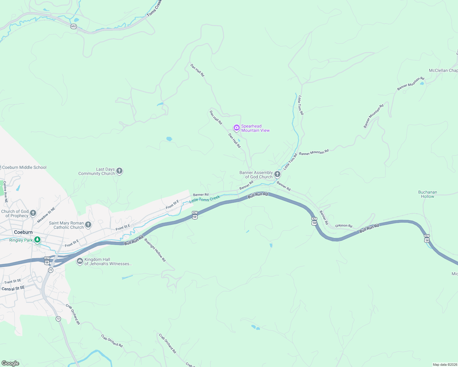 map of restaurants, bars, coffee shops, grocery stores, and more near 4898 Brickey Road in Coeburn