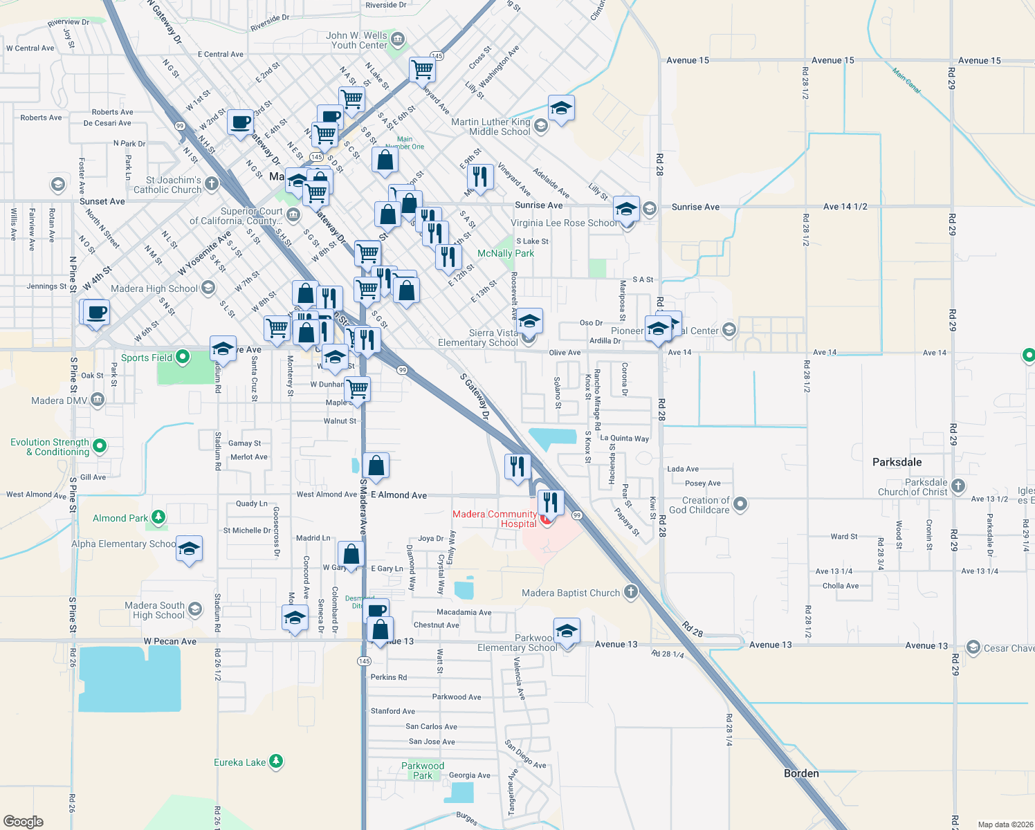 map of restaurants, bars, coffee shops, grocery stores, and more near 2046 Varbella Park in Madera