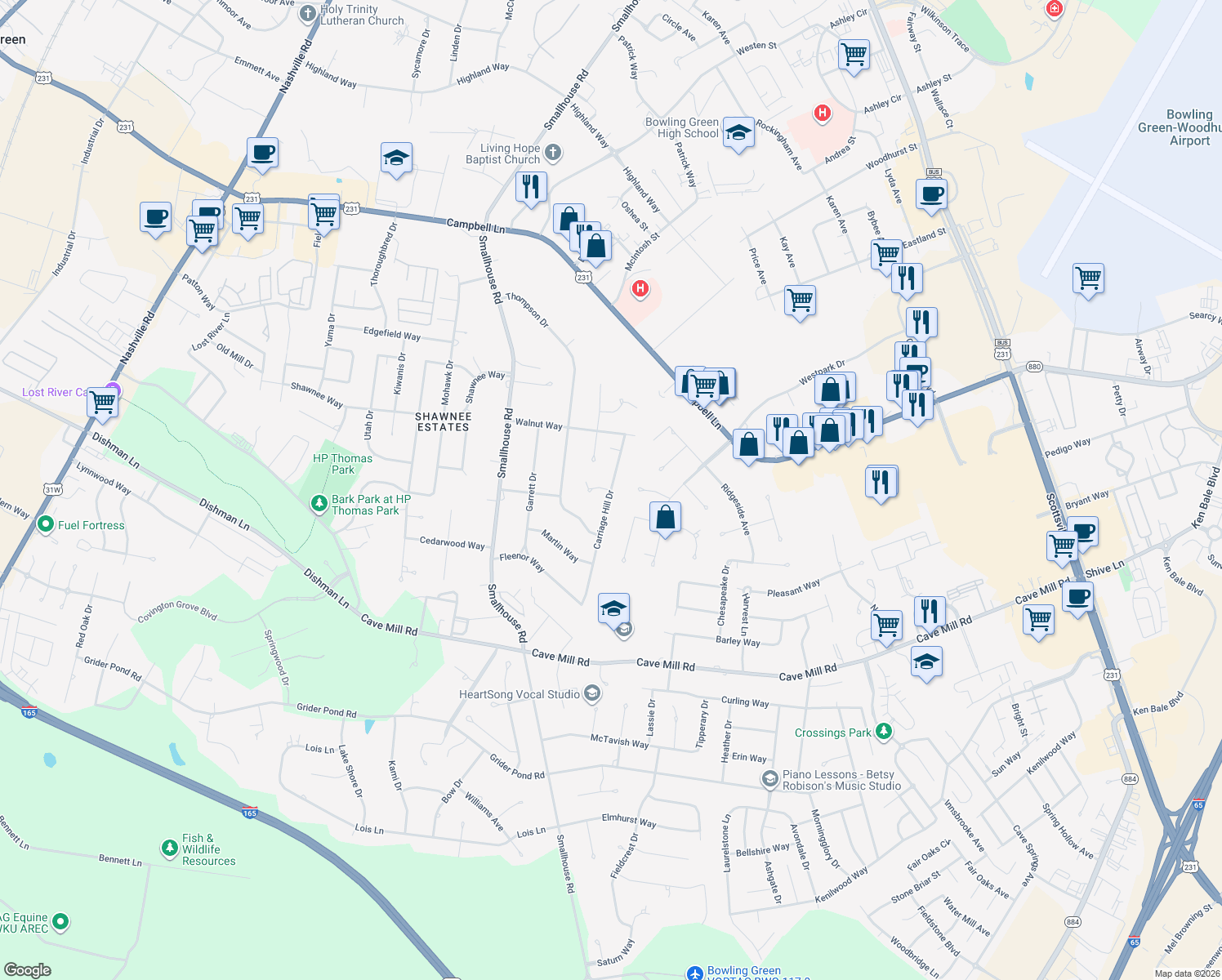map of restaurants, bars, coffee shops, grocery stores, and more near 2798 Carriage Hill Dr in Bowling Green
