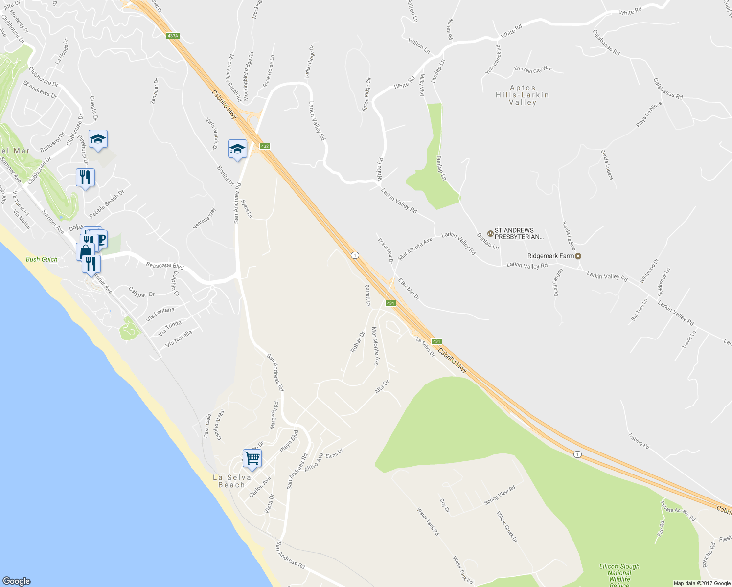 map of restaurants, bars, coffee shops, grocery stores, and more near 170 Barrett Drive in La Selva Beach