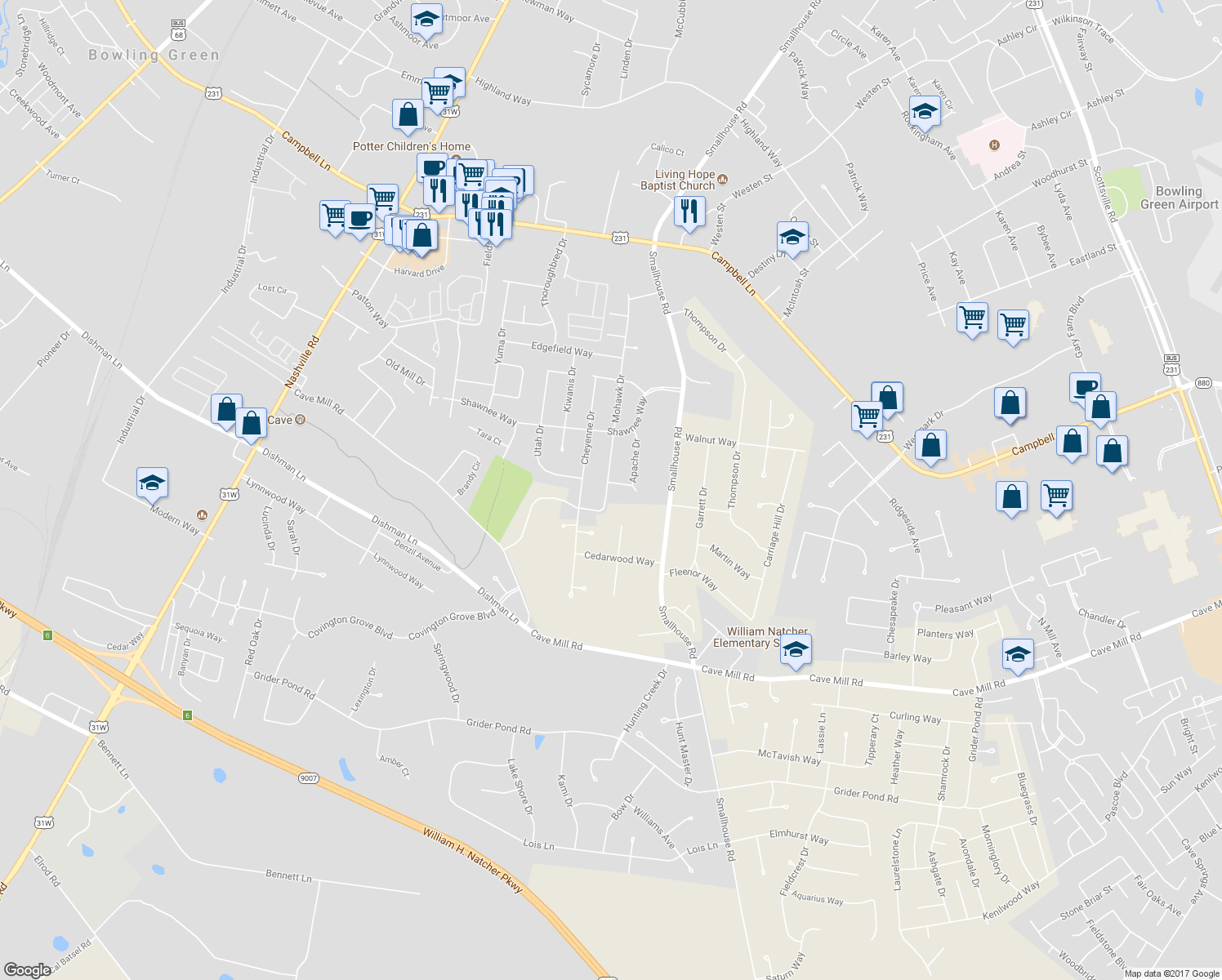 map of restaurants, bars, coffee shops, grocery stores, and more near 2701-2753 Mohawk Dr in Bowling Green