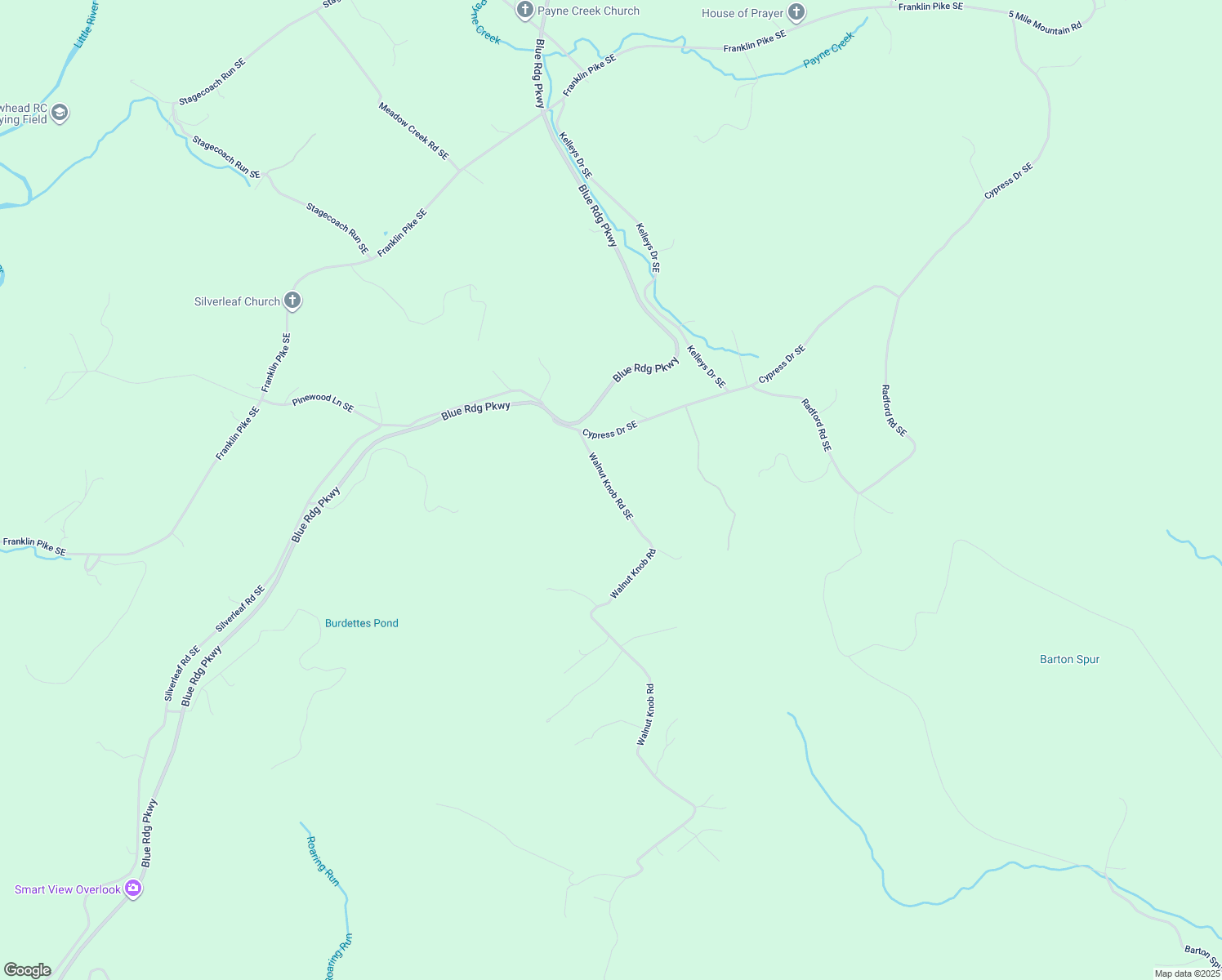 map of restaurants, bars, coffee shops, grocery stores, and more near Walnut Knob Road Southeast in Floyd County