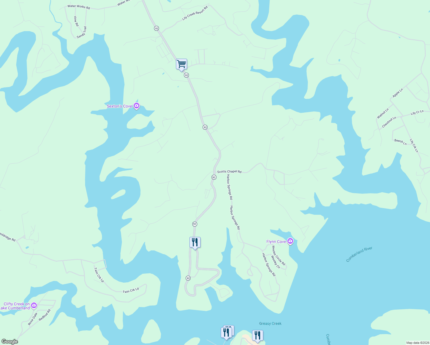 map of restaurants, bars, coffee shops, grocery stores, and more near Scotts Chapel Road in Jamestown