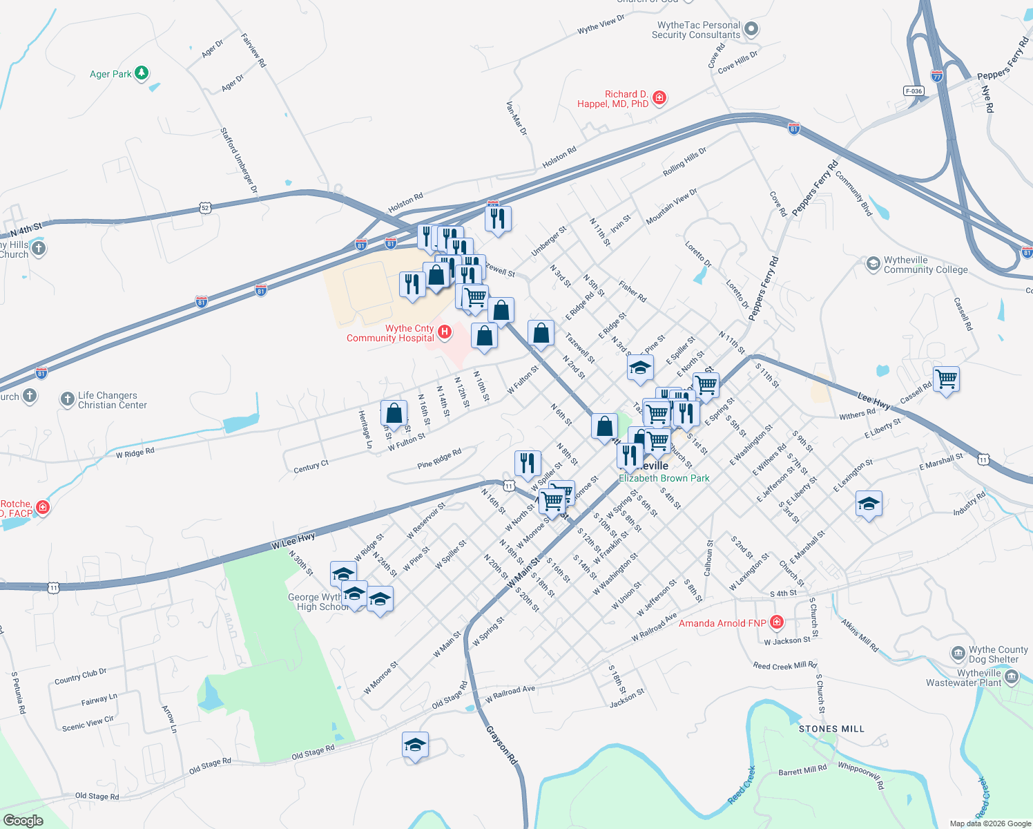 map of restaurants, bars, coffee shops, grocery stores, and more near 514 W Ridge St in Wytheville