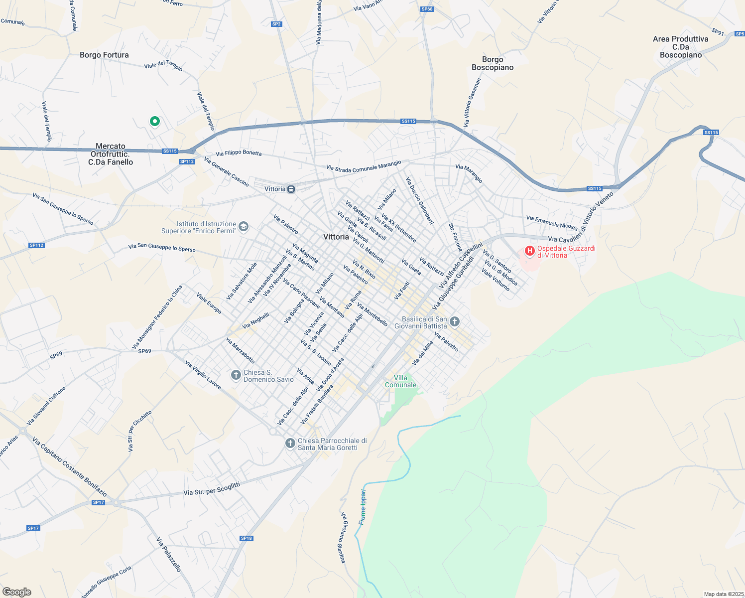 map of restaurants, bars, coffee shops, grocery stores, and more near 159A Via Cacc. delle Alpi in Vittoria