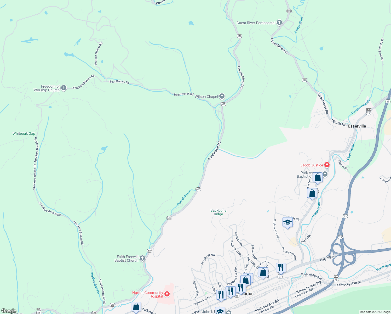 map of restaurants, bars, coffee shops, grocery stores, and more near in Norton