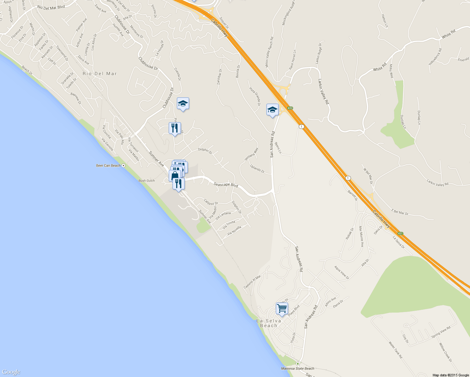 map of restaurants, bars, coffee shops, grocery stores, and more near 2013 Dolphin Drive in Aptos