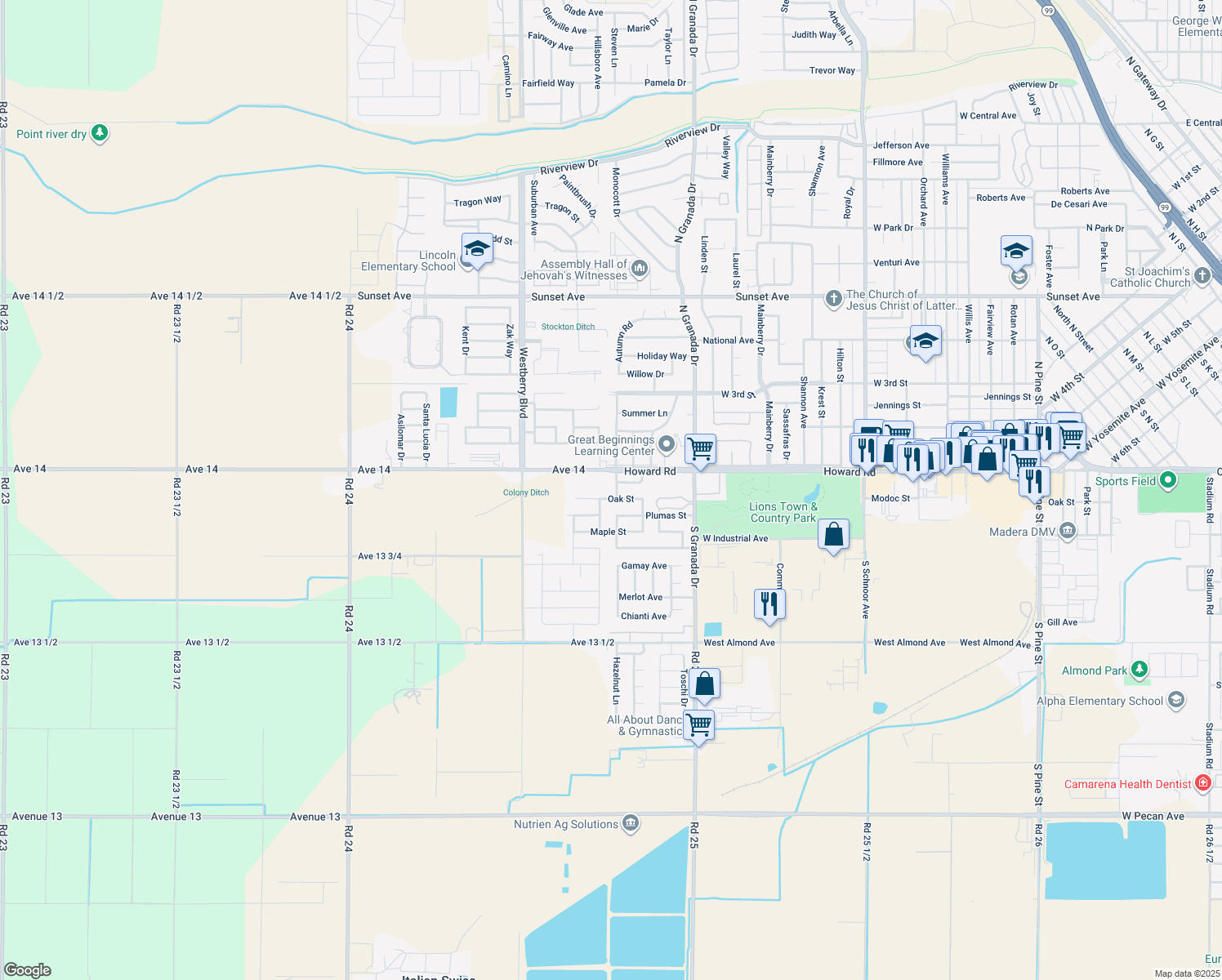 map of restaurants, bars, coffee shops, grocery stores, and more near 70 Makenna Drive in Madera