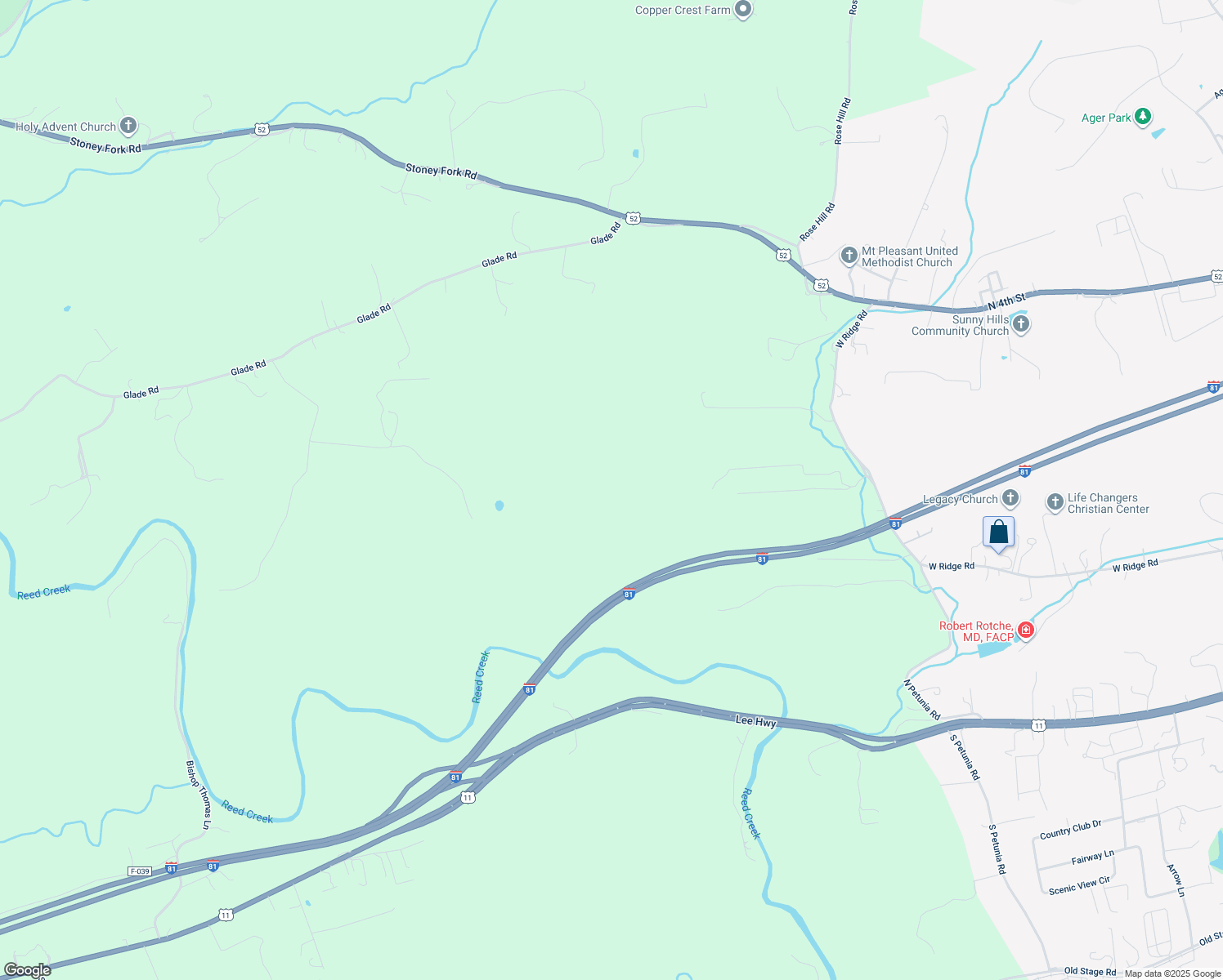 map of restaurants, bars, coffee shops, grocery stores, and more near 2925 West Ridge Road in Wytheville