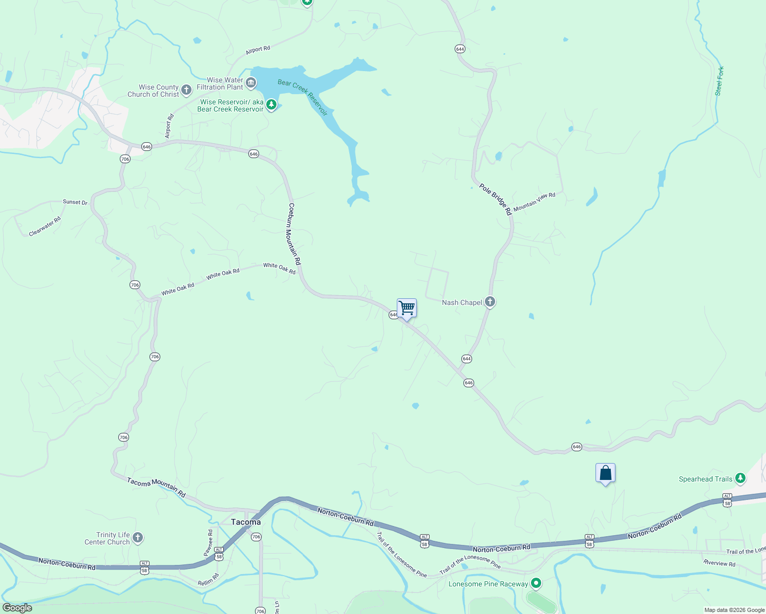 map of restaurants, bars, coffee shops, grocery stores, and more near 10499 Coeburn Mountain Rd in Wise