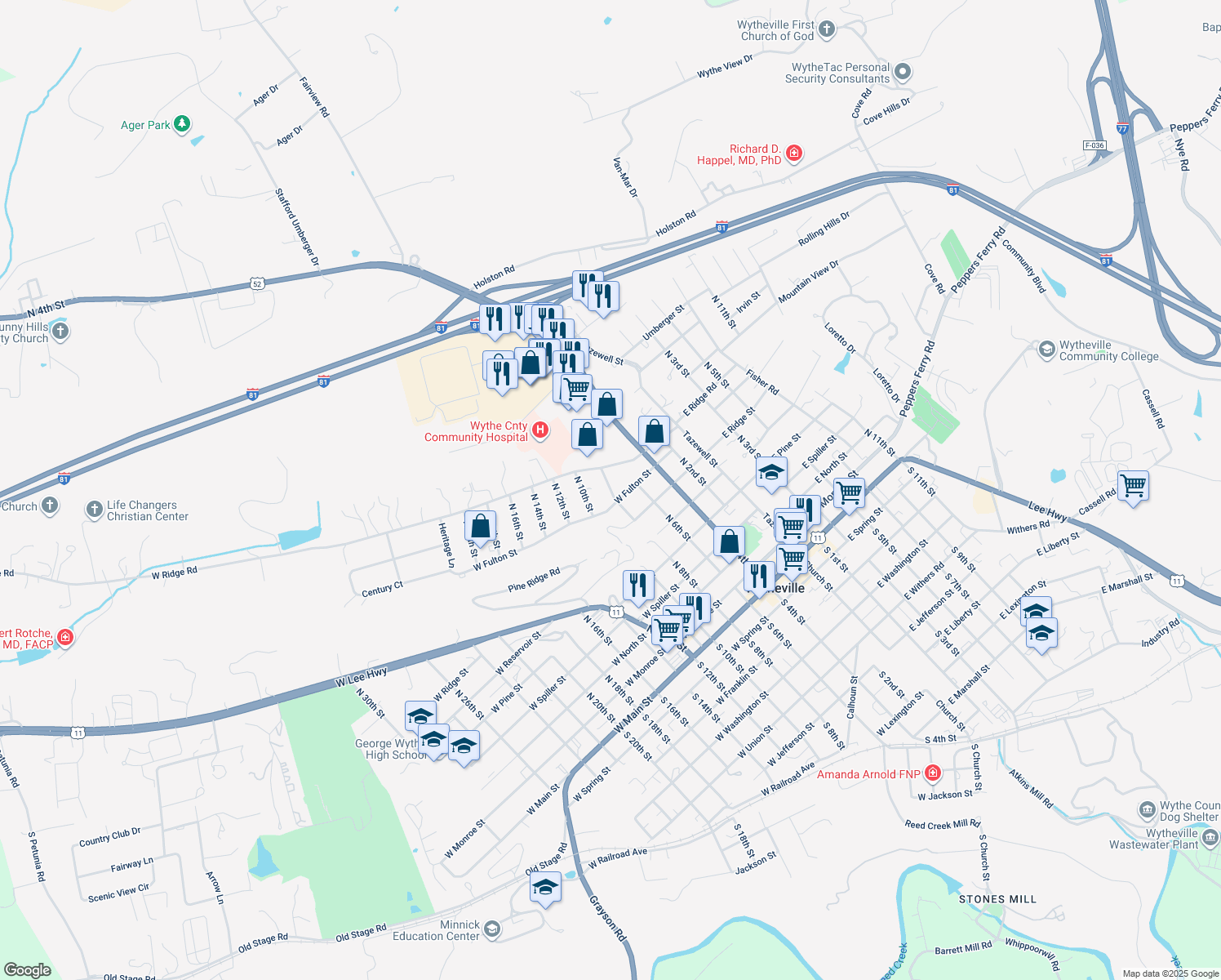 map of restaurants, bars, coffee shops, grocery stores, and more near 857 North 8th Street in Wytheville