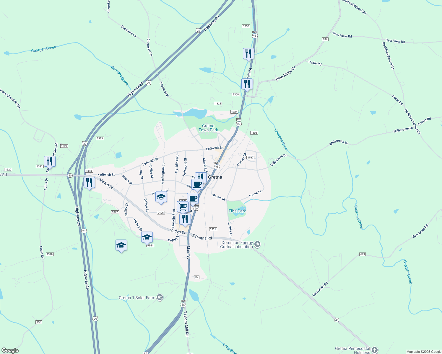 map of restaurants, bars, coffee shops, grocery stores, and more near 114 Northside Drive in Gretna
