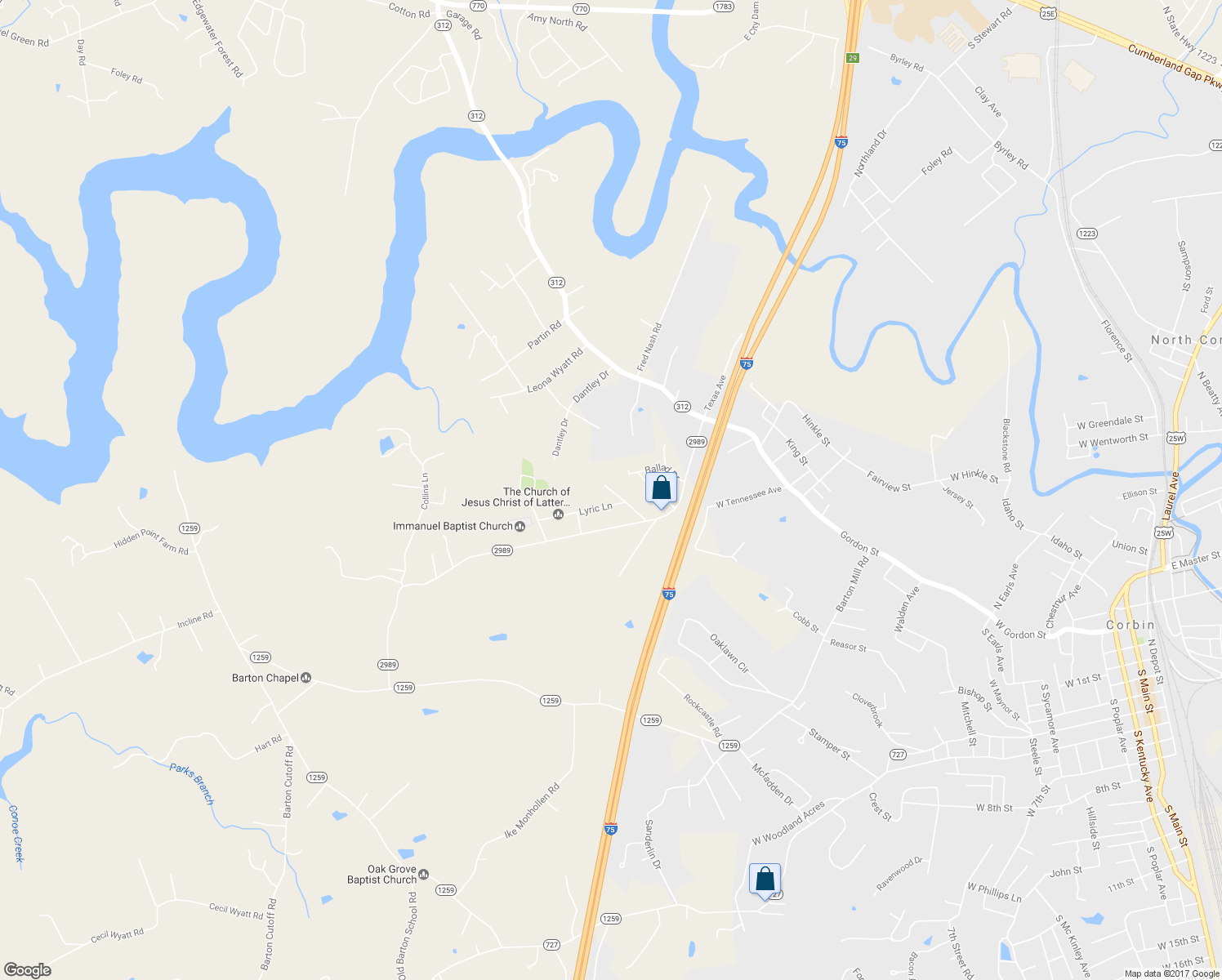 map of restaurants, bars, coffee shops, grocery stores, and more near 214 Sonnet Circle in Corbin