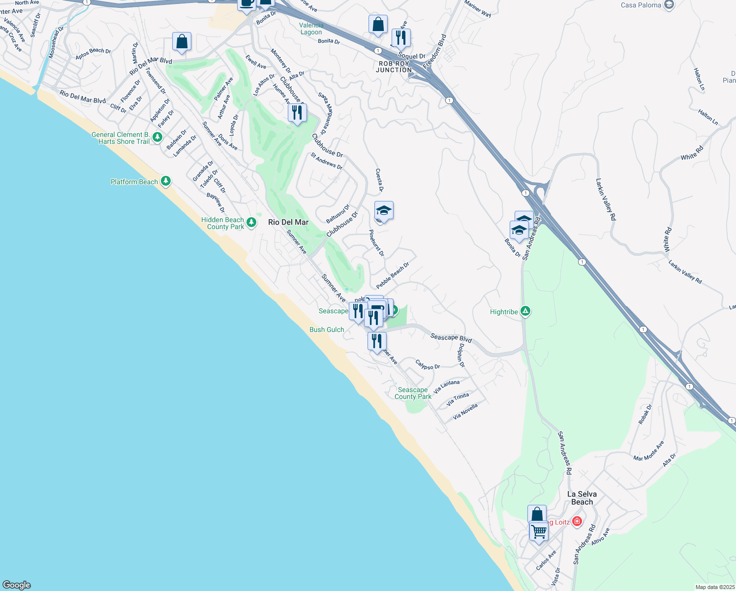 map of restaurants, bars, coffee shops, grocery stores, and more near 1325 Dolphin Drive in Aptos