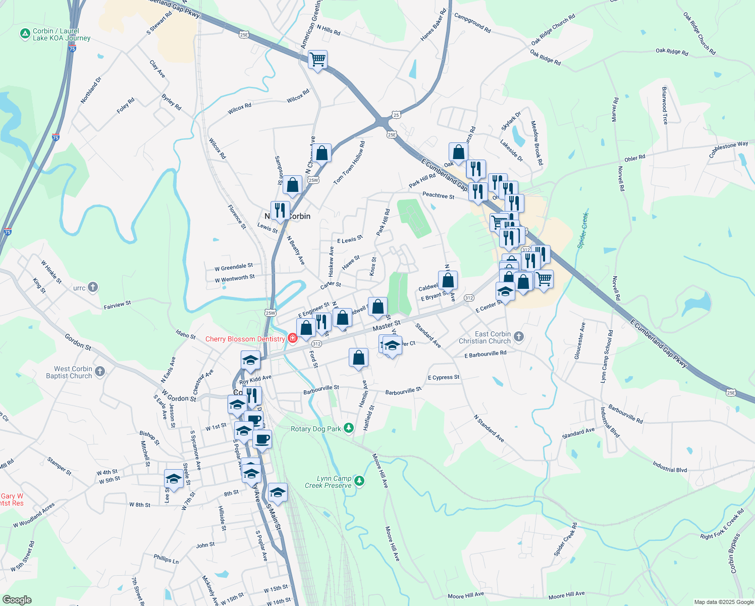 map of restaurants, bars, coffee shops, grocery stores, and more near 702 Carter Street in Corbin
