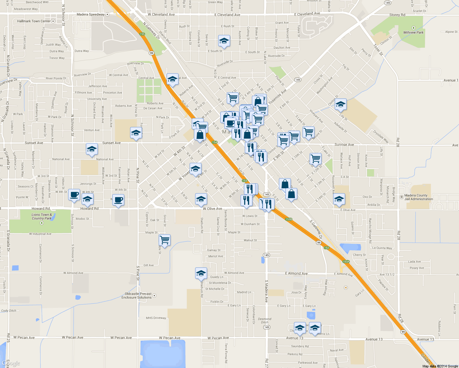 map of restaurants, bars, coffee shops, grocery stores, and more near 412 W 8th St in Madera