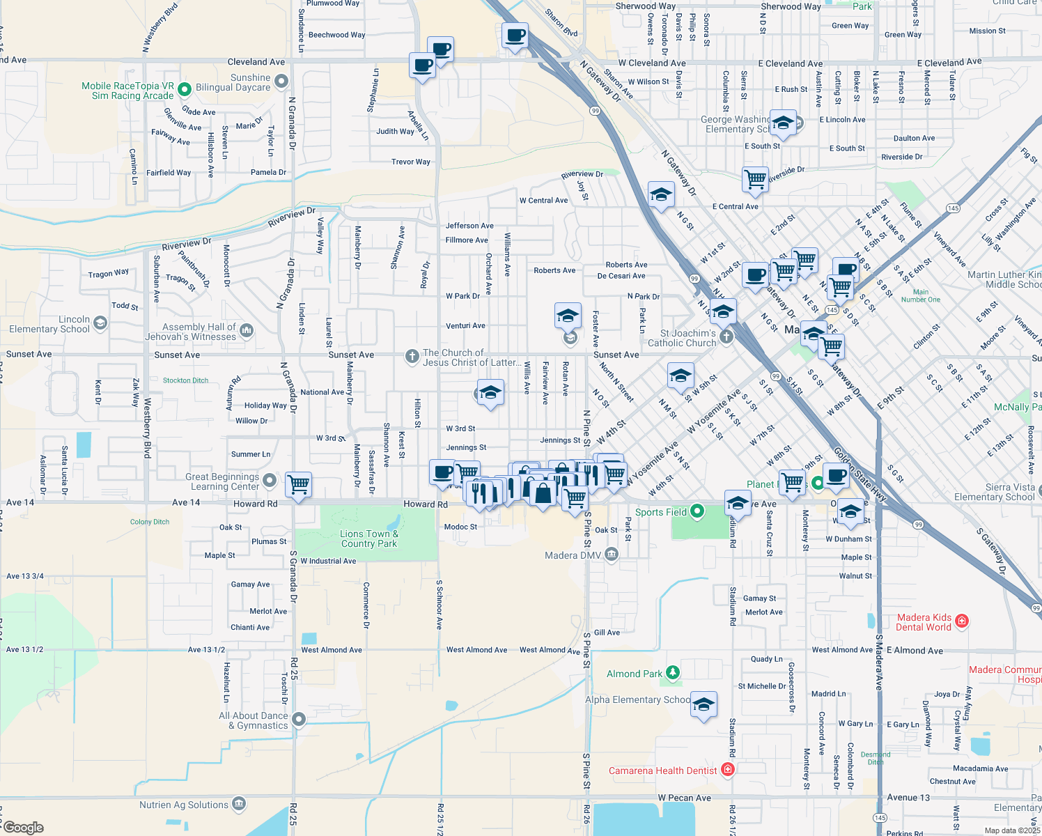 map of restaurants, bars, coffee shops, grocery stores, and more near 410 Willis Ave in Madera