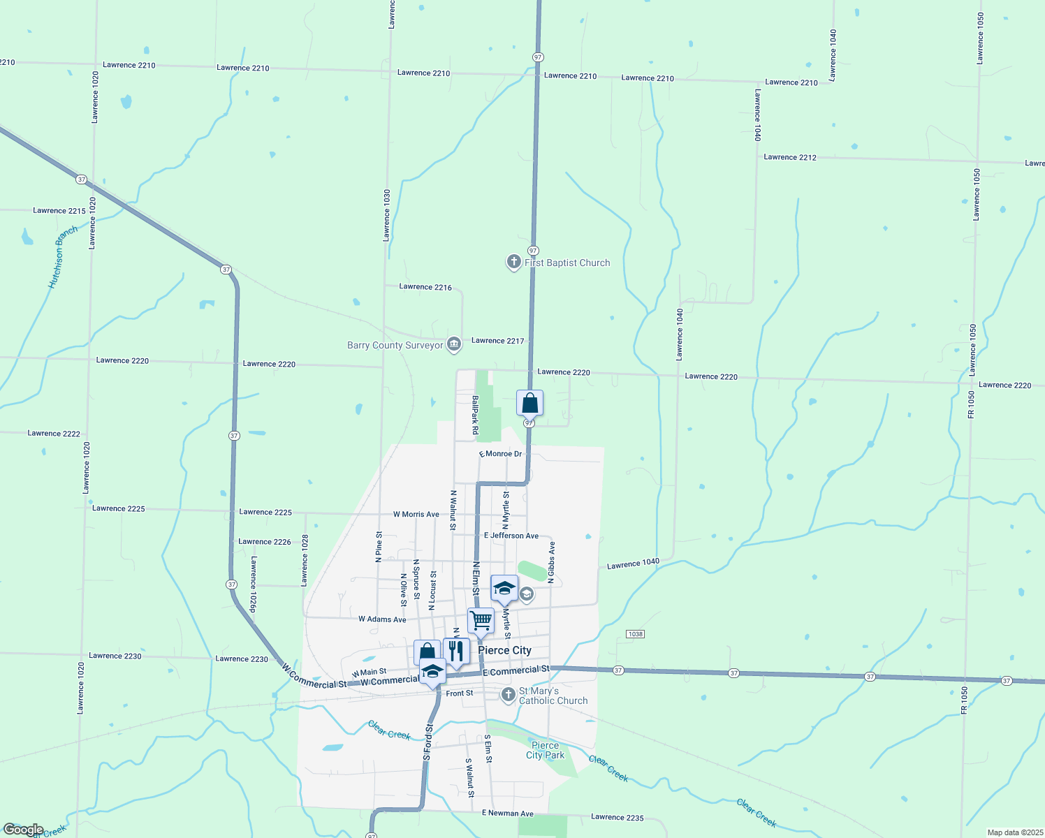 map of restaurants, bars, coffee shops, grocery stores, and more near 1001 Highway 97 in Pierce City