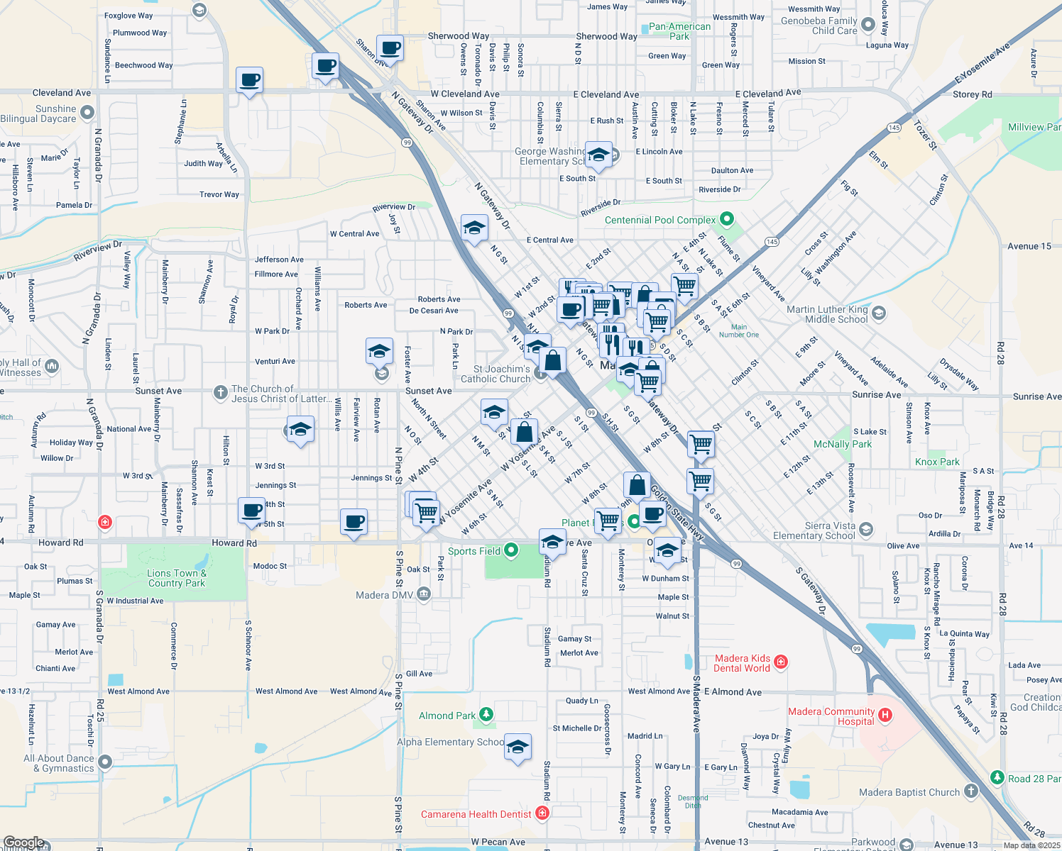 map of restaurants, bars, coffee shops, grocery stores, and more near 113 North K Street in Madera