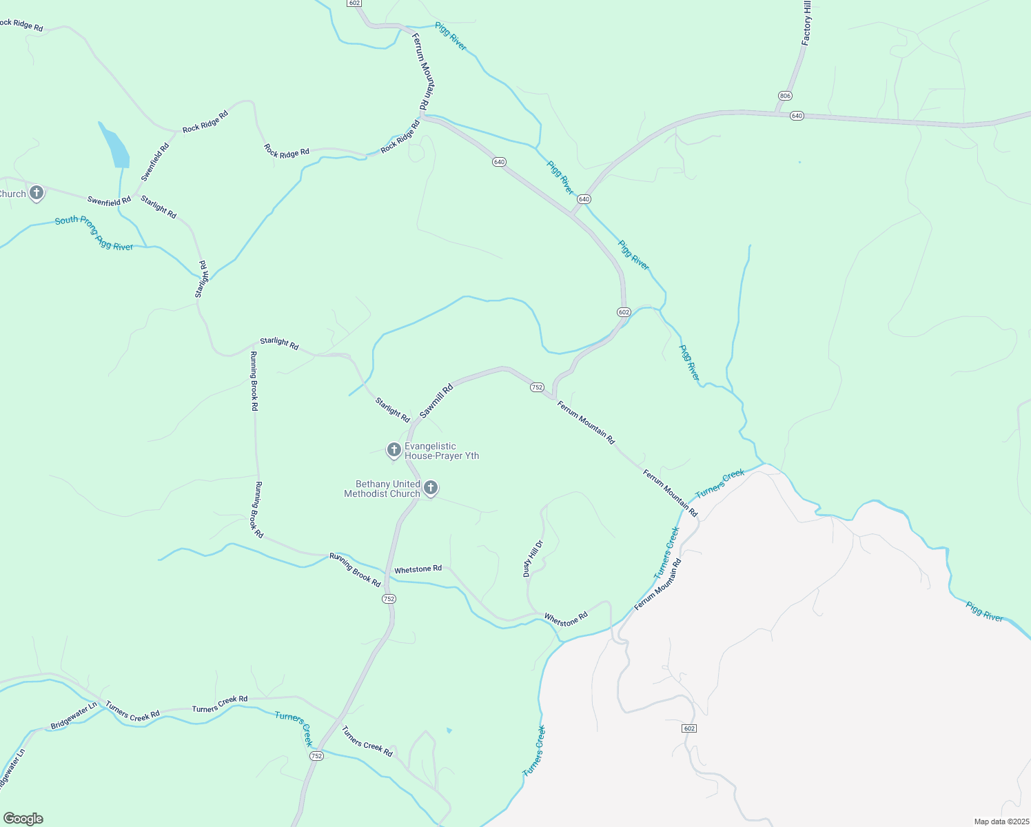 map of restaurants, bars, coffee shops, grocery stores, and more near 3534 Sawmill Road in Ferrum