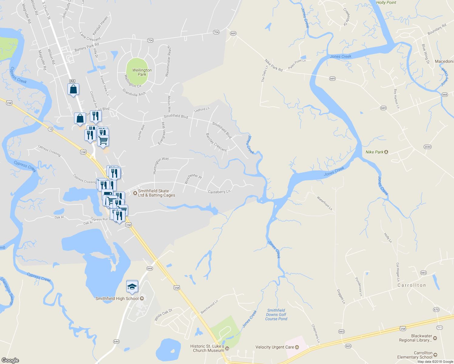 map of restaurants, bars, coffee shops, grocery stores, and more near 208 Keswick PI ace in Smithfield