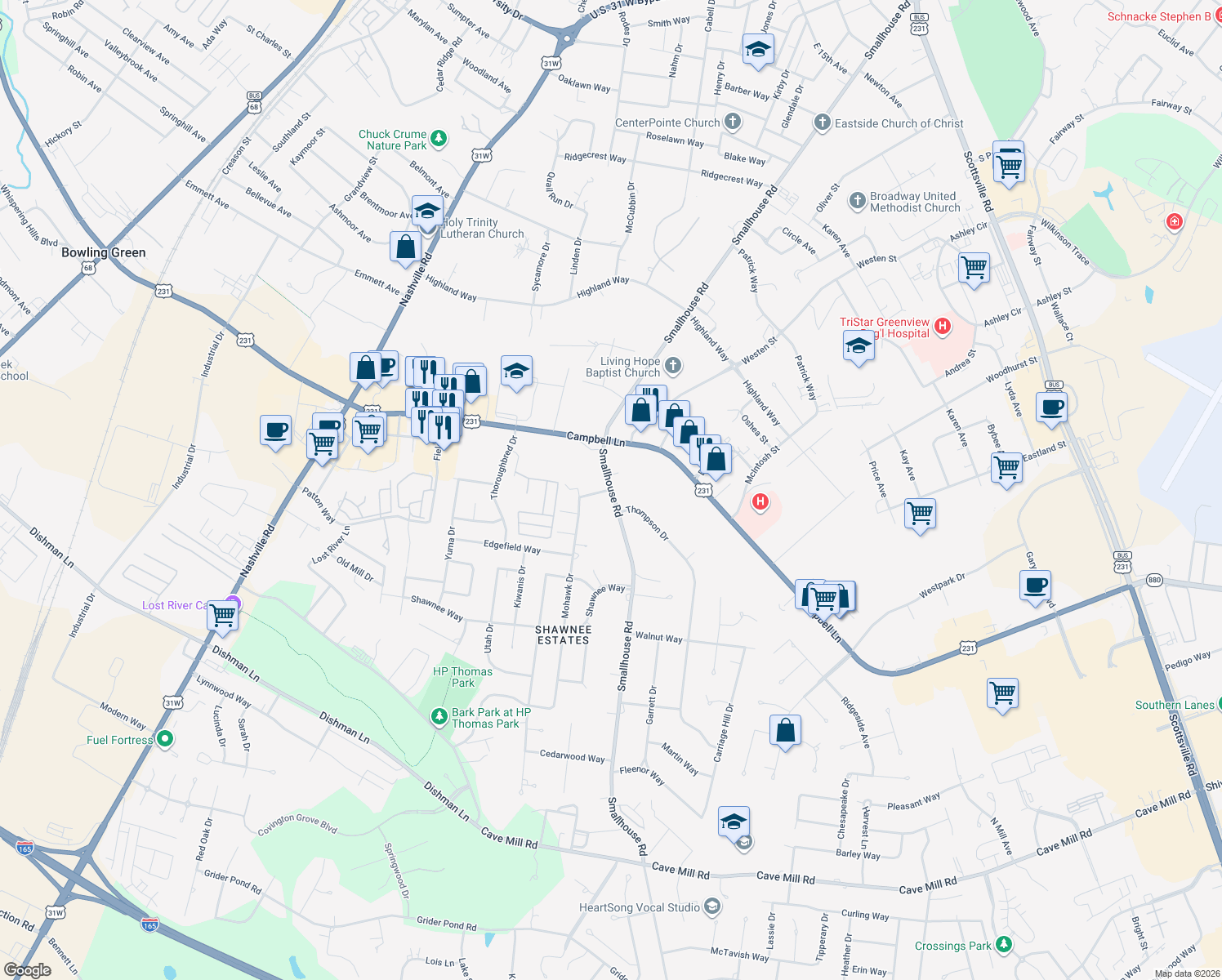 map of restaurants, bars, coffee shops, grocery stores, and more near 2501 Smallhouse Road in Bowling Green