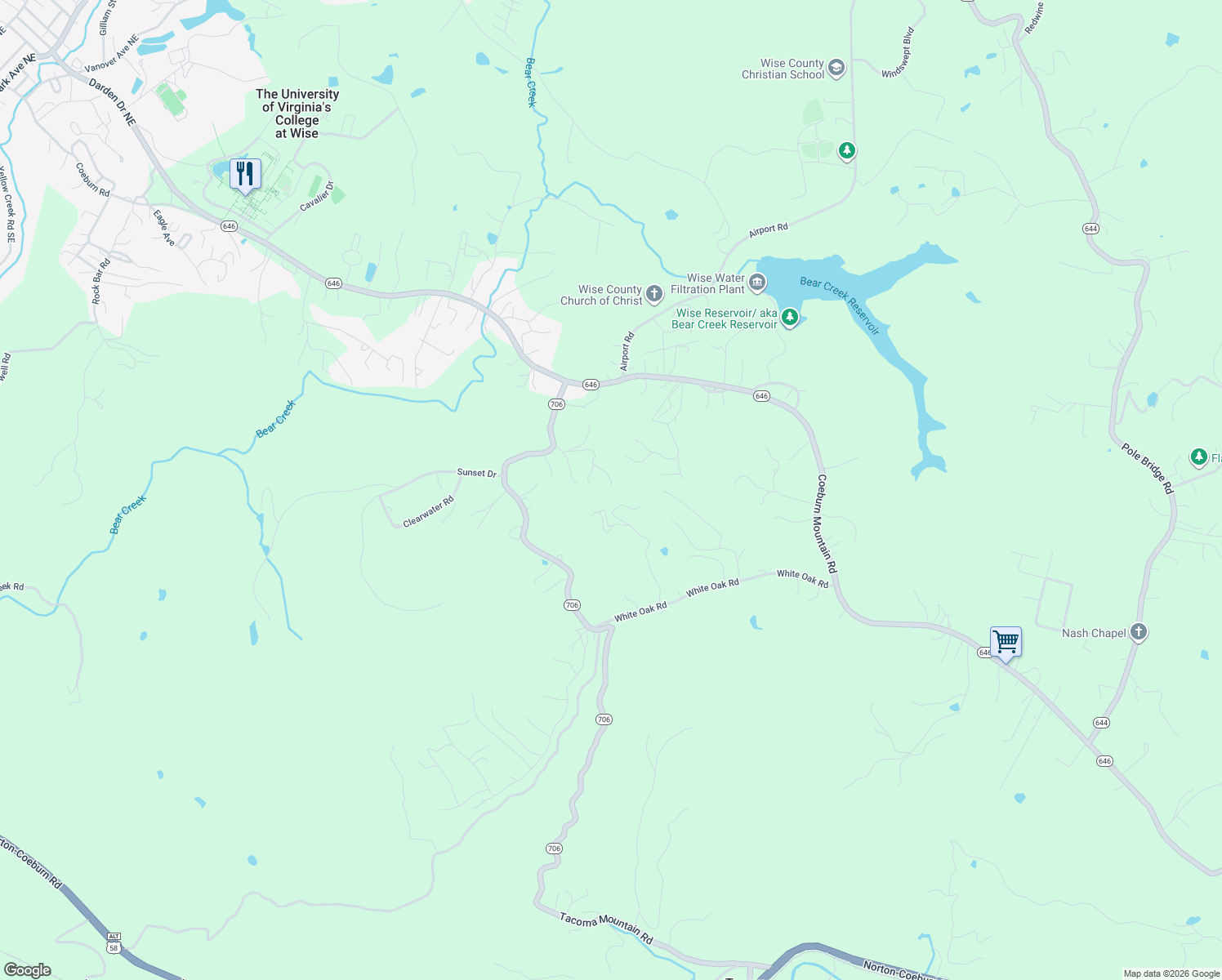 map of restaurants, bars, coffee shops, grocery stores, and more near 9933 Miller Hollow Road in Wise