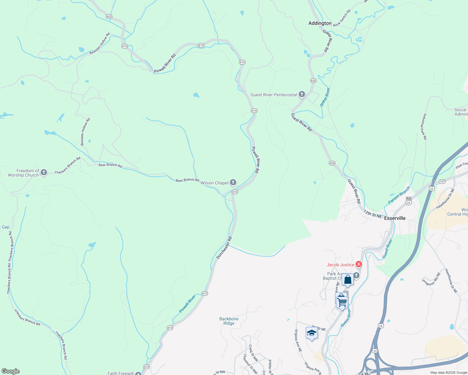 map of restaurants, bars, coffee shops, grocery stores, and more near 7167 Bear Branch Road in Norton